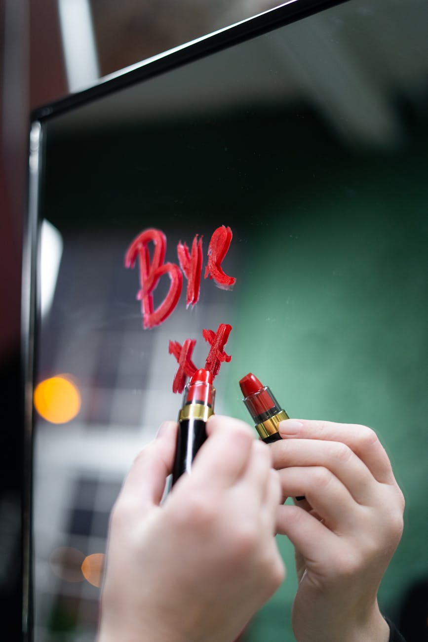 Hands writing 'BYE xx' with lipstick on mirror reflecting interior setup.